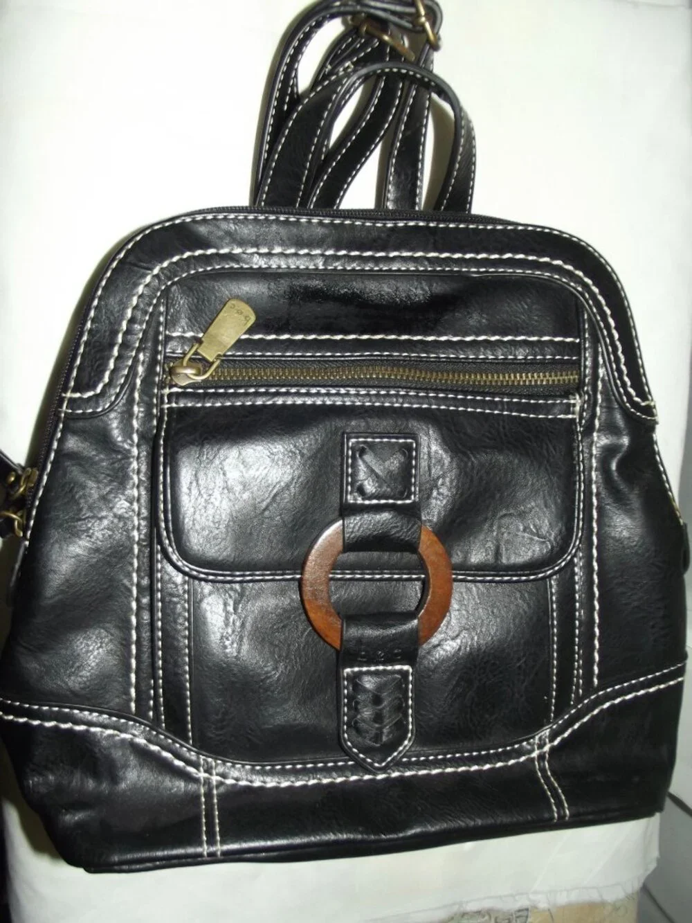 b.o.c. Backpack black faux leather white accent stitching wooden ring BORN